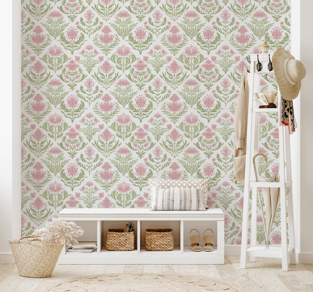 Nolie Floral Wallpaper in Green and Beige Traditional Boho