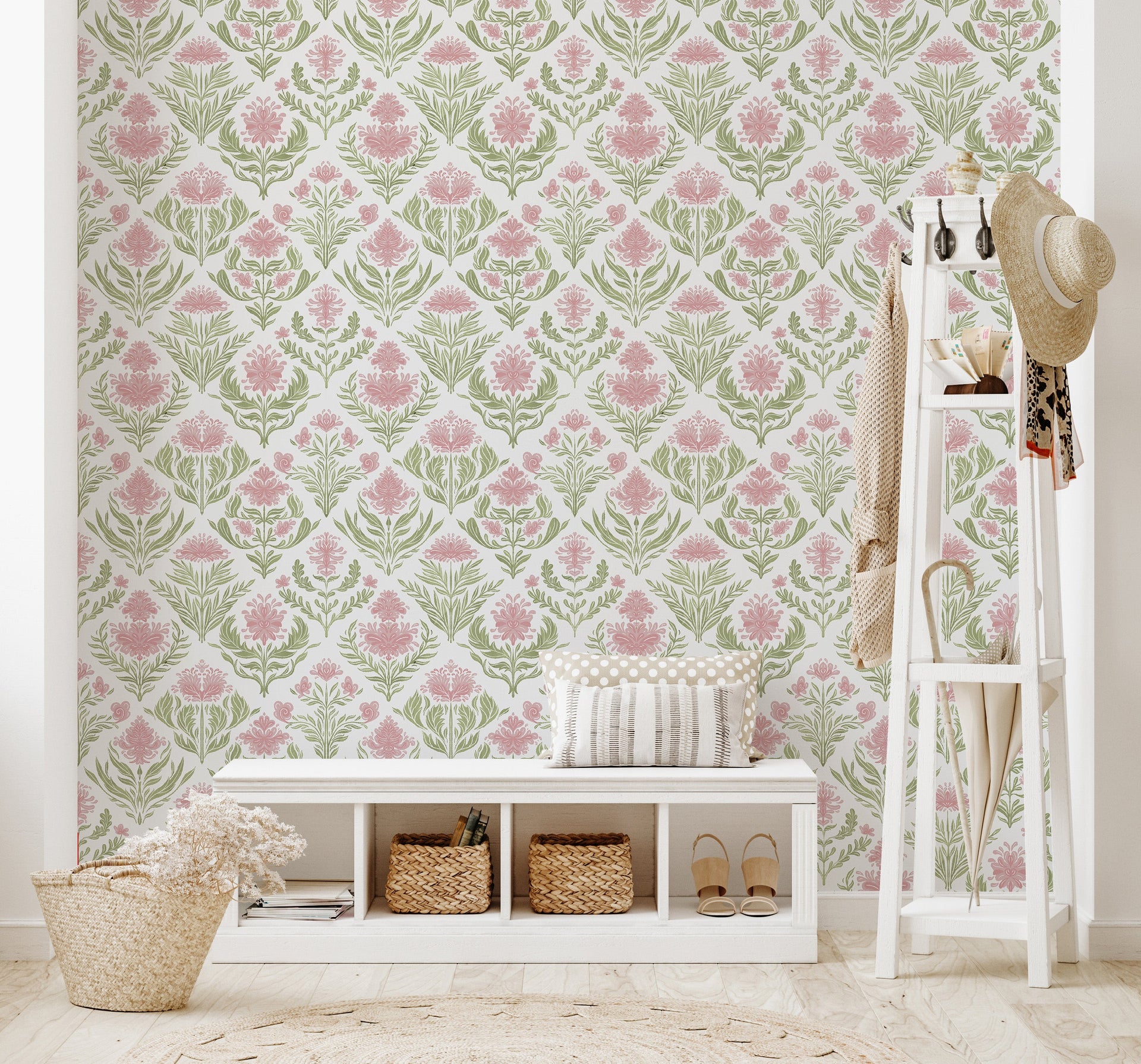 Nolie Floral Wallpaper in Green and Beige Traditional Boho