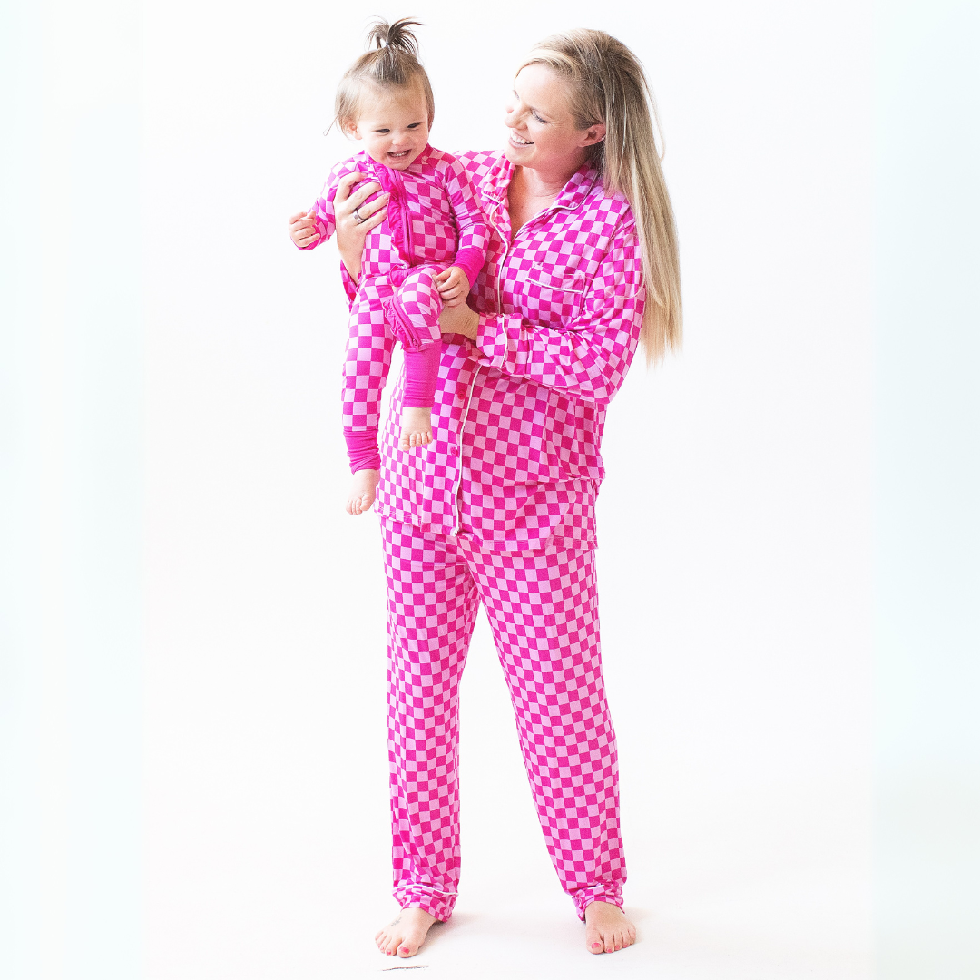 Women's Pink Checkerboard Button-Up Pajama Set - Image 2