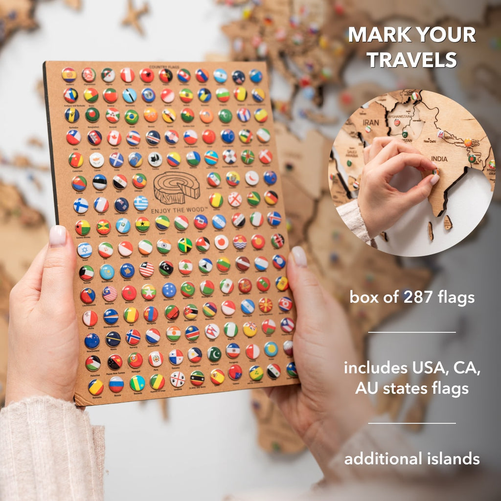 3D Wooden World Map Wall Art with Gold Accents for Home Decor