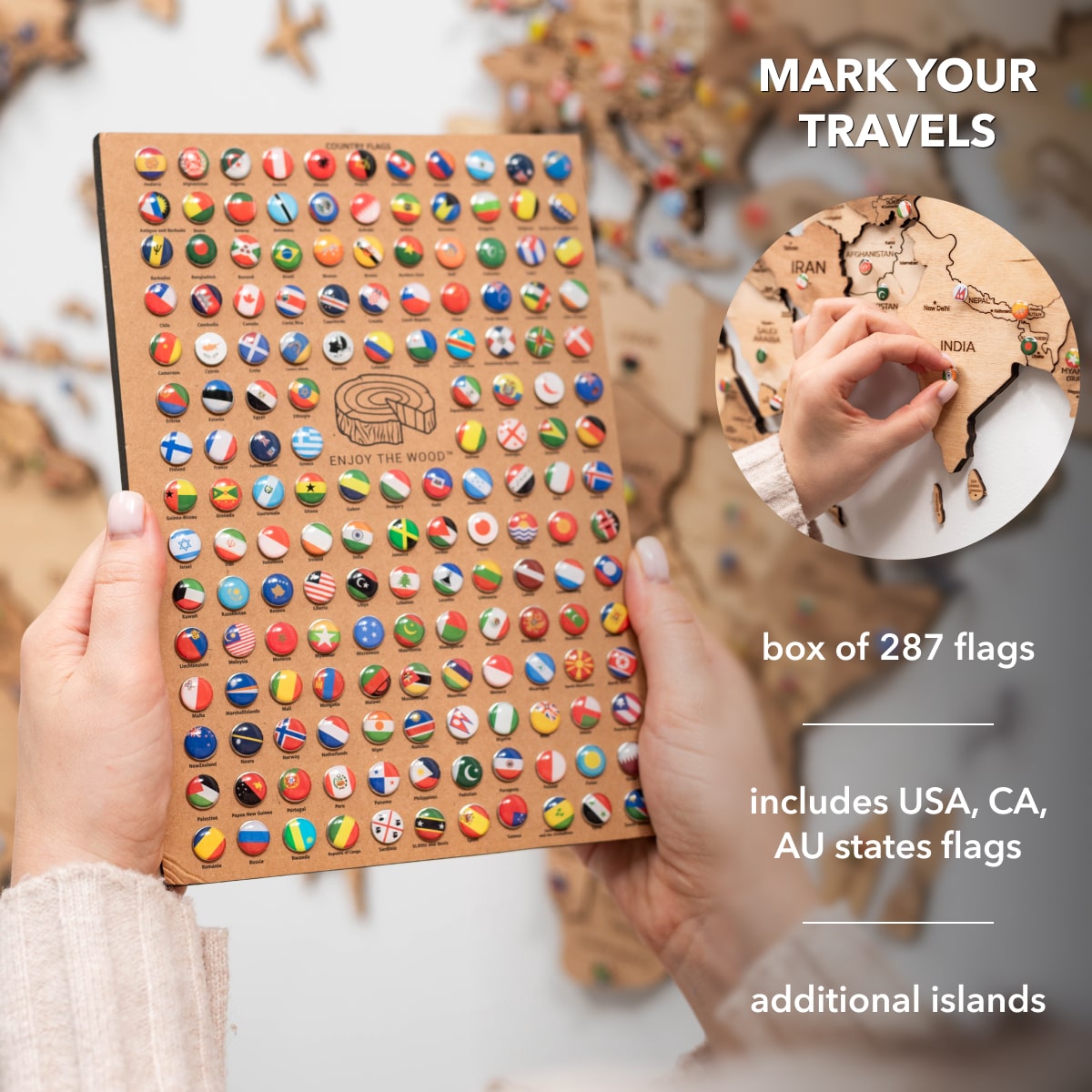 3D Wooden World Map Wall Art with Gold Accents for Home Decor