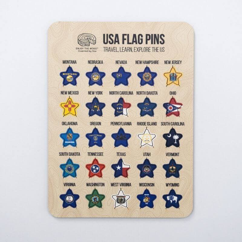 US Flag Sticky Pins - Wooden State Travel Map Markers for Home