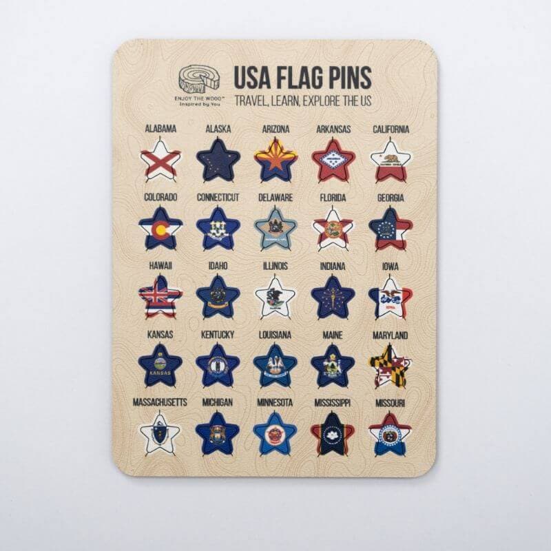 US Flag Sticky Pins - Wooden State Travel Map Markers for Home