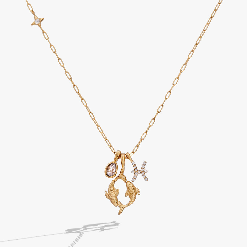 Pisces zodiac charm necklace in gold-plated stainless steel with crystal-pavé details