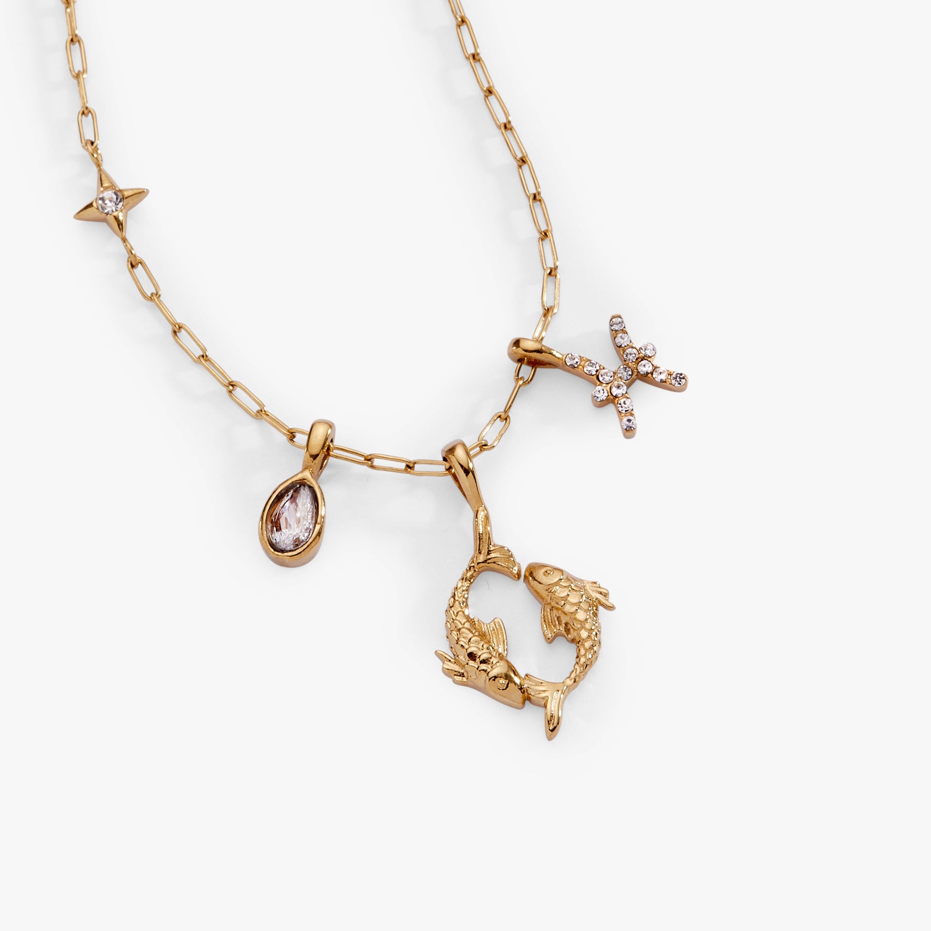 Pisces Zodiac Charm Cluster Necklace in Gold-Plated Stainless Steel