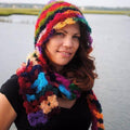 Rainbow Rapture Pixie Shell Hooded Scarf in vibrant Photon Rainbow recycled sari silk
