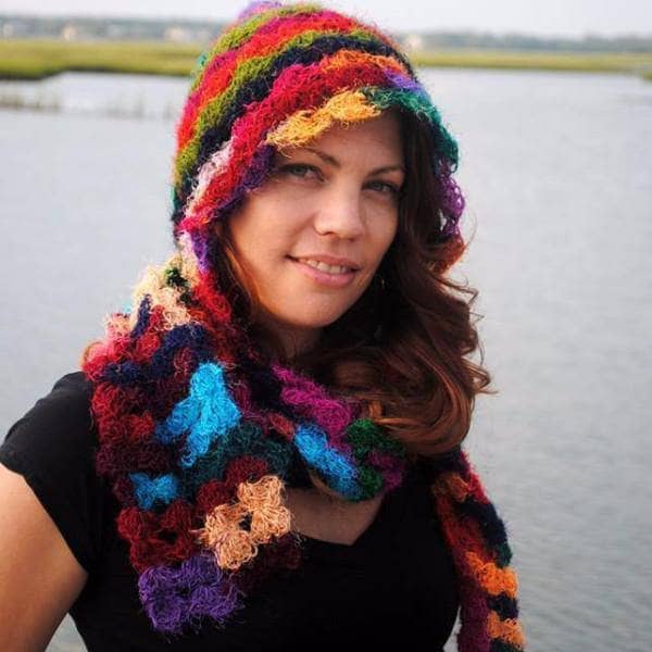 Rainbow Rapture Pixie Shell Hooded Scarf in vibrant Photon Rainbow recycled sari silk