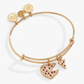 Alex And Ani pizza slice and heart pizza charms on a silver-tone wire expandable bangle bracelet.