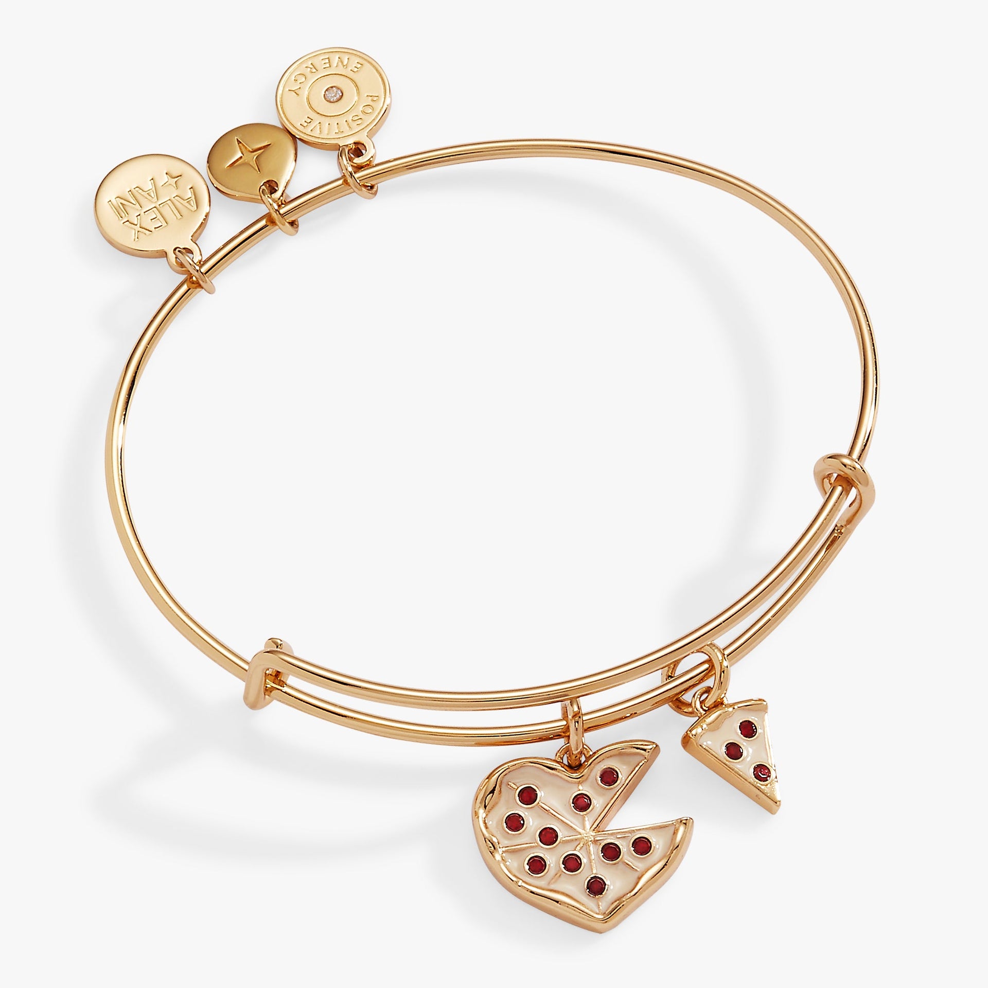 Alex And Ani pizza slice and heart pizza charms on a silver-tone wire expandable bangle bracelet.