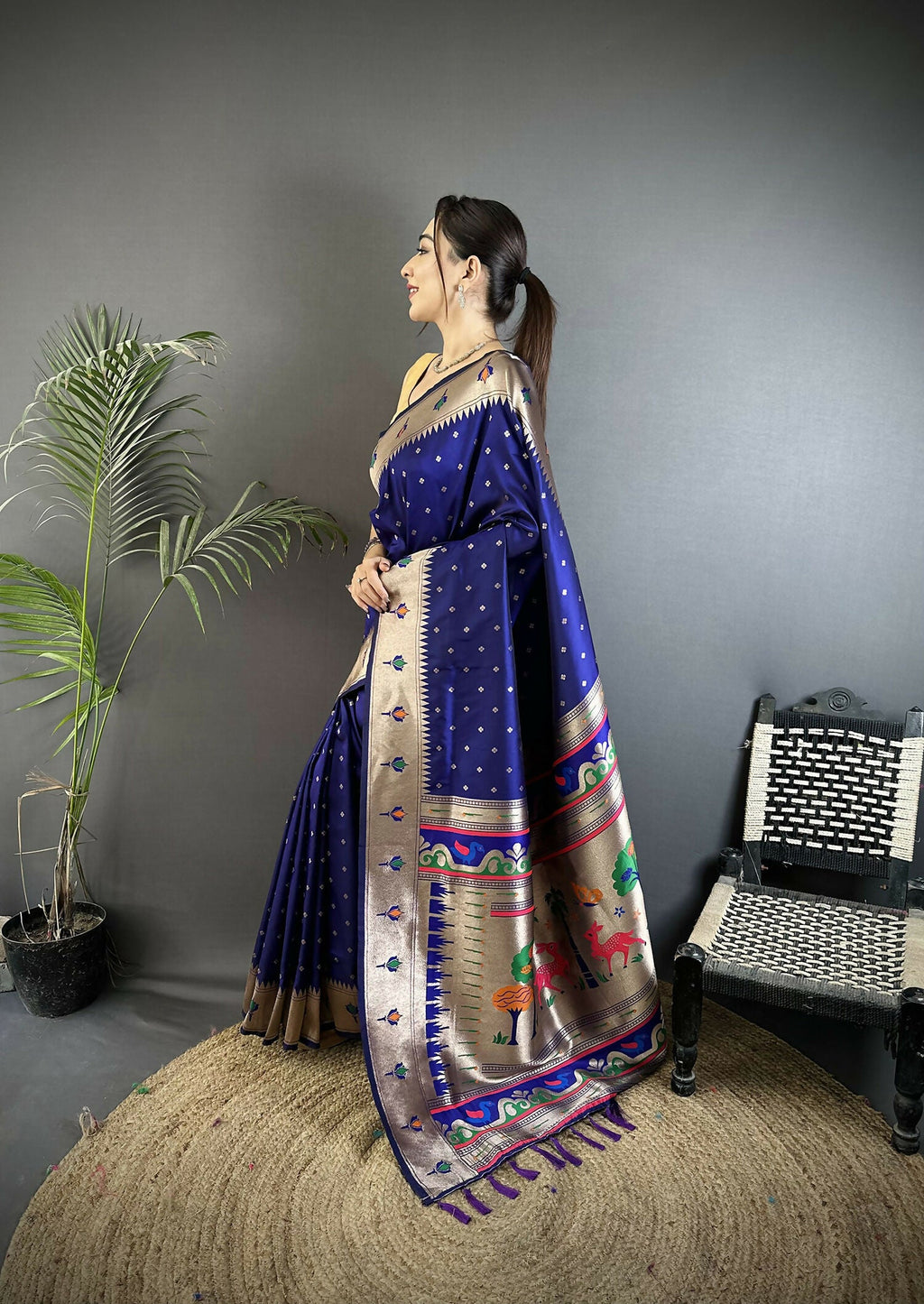 Royal Blue Soft Lichi Silk Kanchipuram Saree with Peacock Motifs