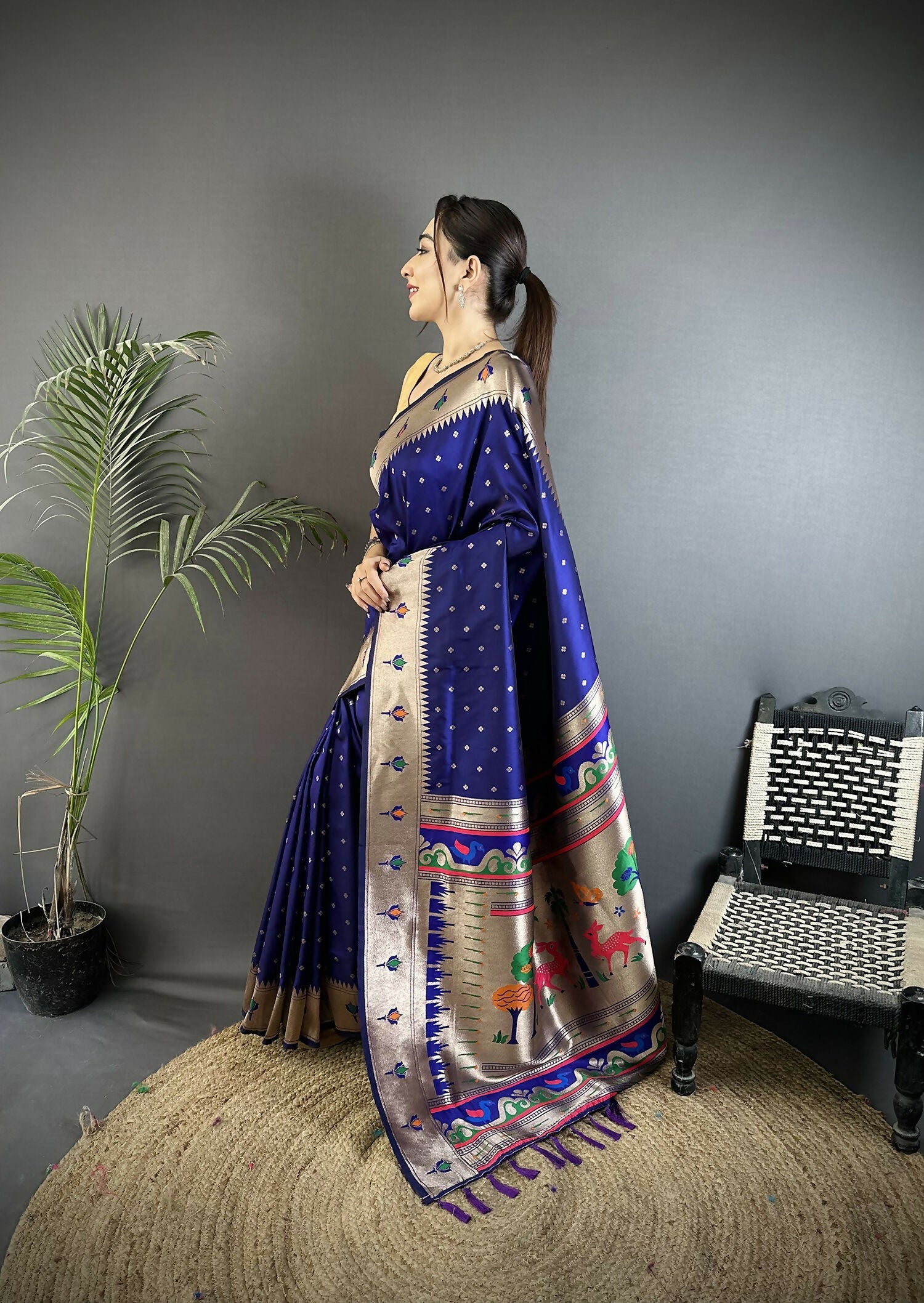 Royal Blue Soft Lichi Silk Kanchipuram Saree with Peacock Motifs