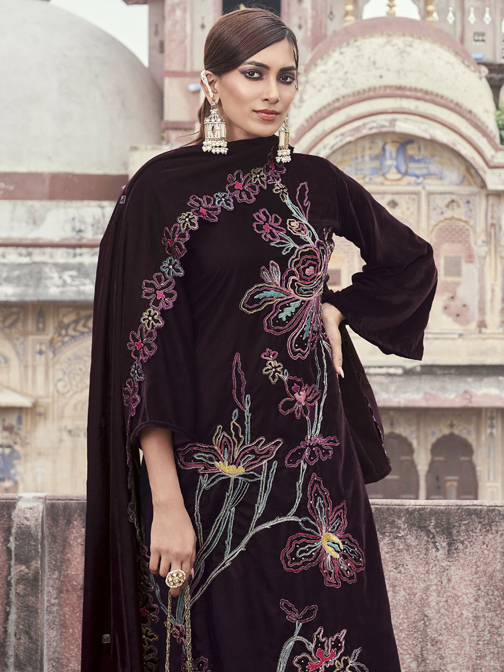 Wine Velvet Straight Kurta Set with Resham Thread, Jari and Sequins