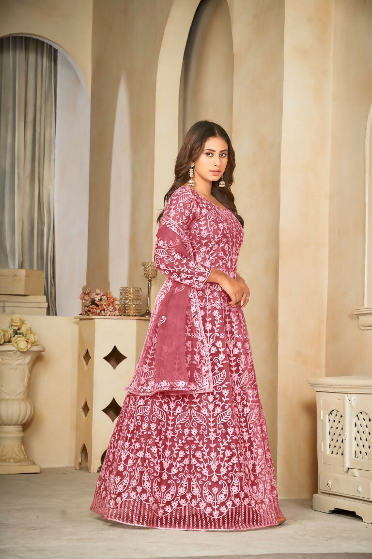 Gajri Net Embroidered Anarkali Kurta Pant Set with Dupatta