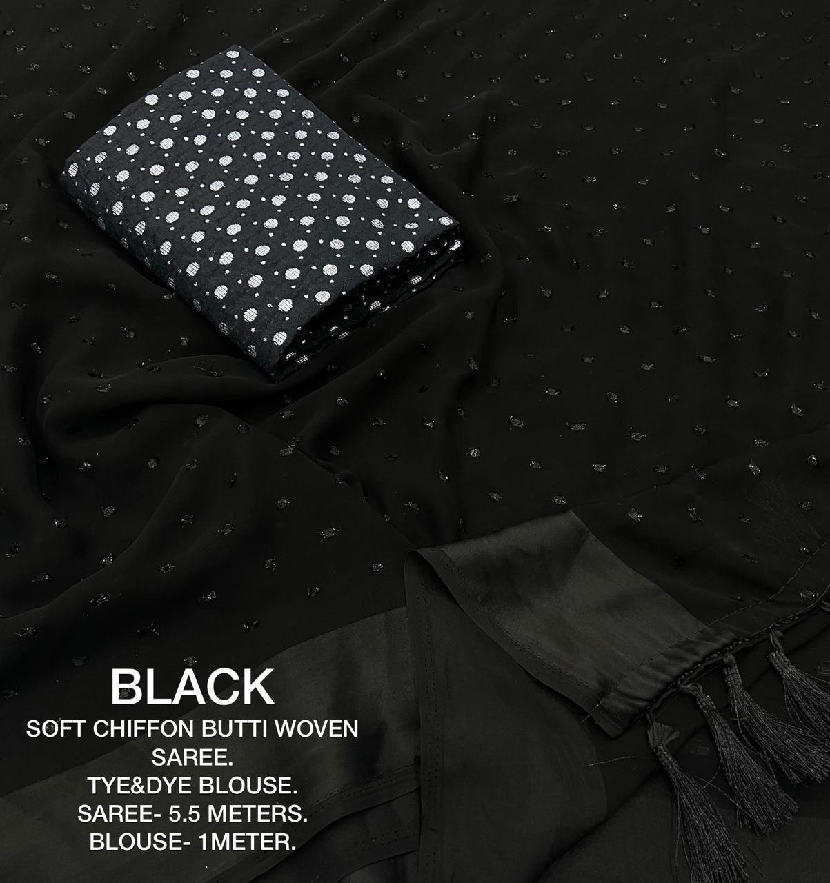 Black Poly Chiffon Woven Design Saree with Unstitched Blouse - Hiral Fashion