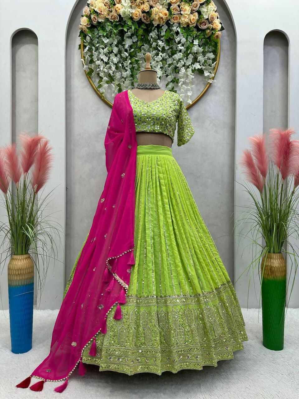 Green Faux Georgette Sequins Embroidered Lehenga Choli Set