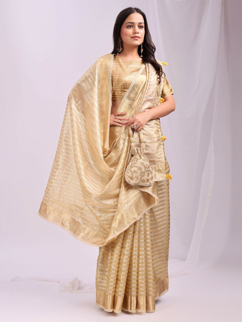 Gold Organza Saree with Matching Blouse Fabric