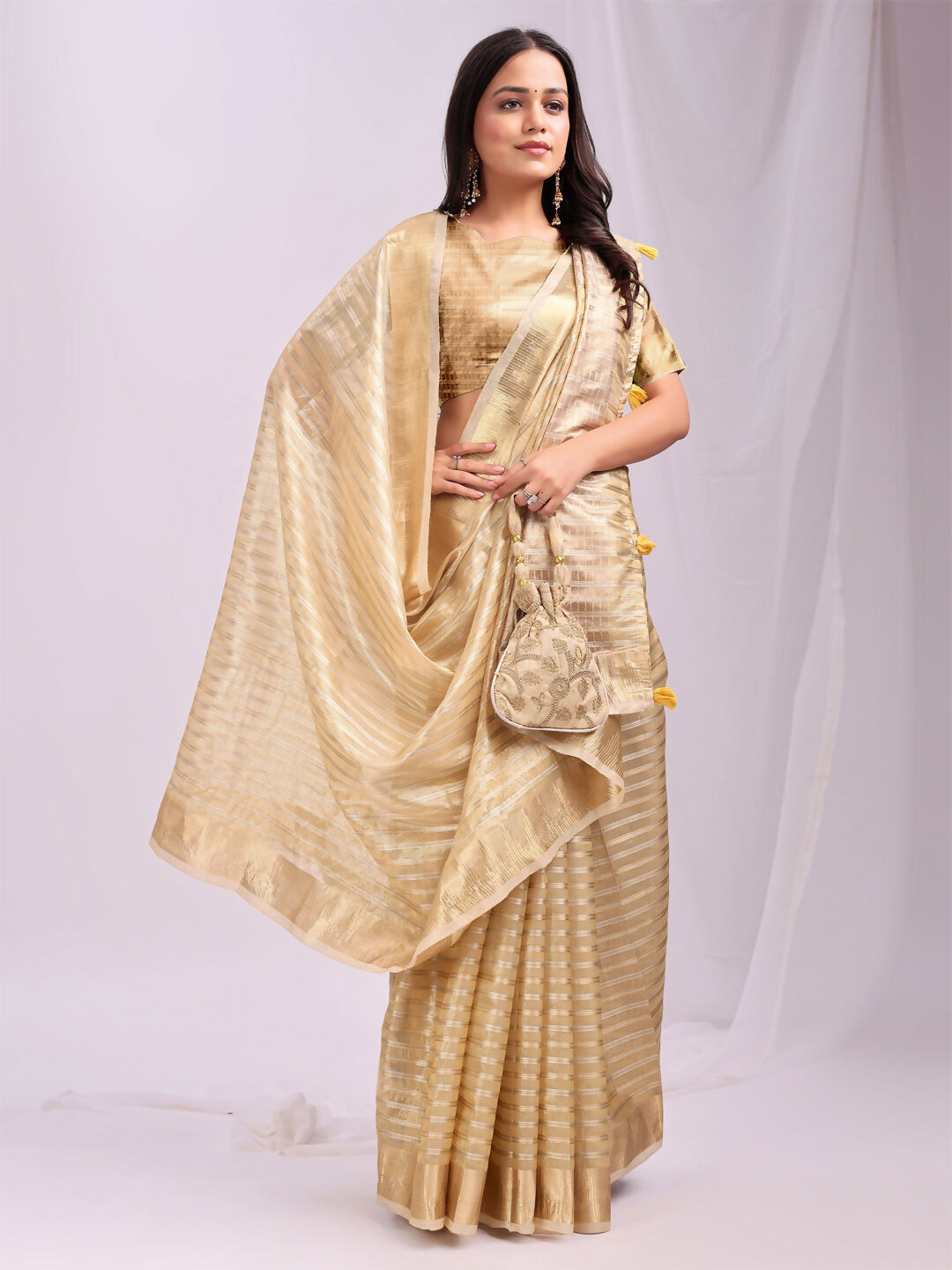 Gold Organza Saree with Matching Blouse Fabric