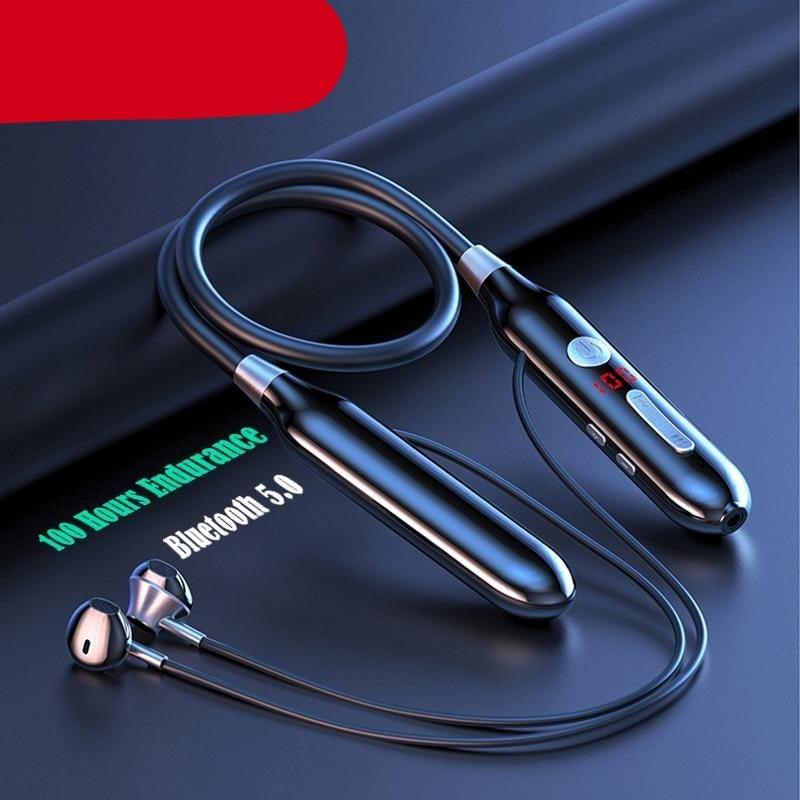 Sleek black wireless neckband Bluetooth headphones with metallic accents, shown from a studio angle.