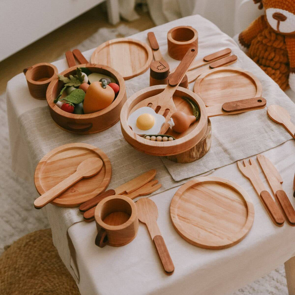 Wooden Play Kitchen Dishes Set for Imaginative Toddler Pretend Play