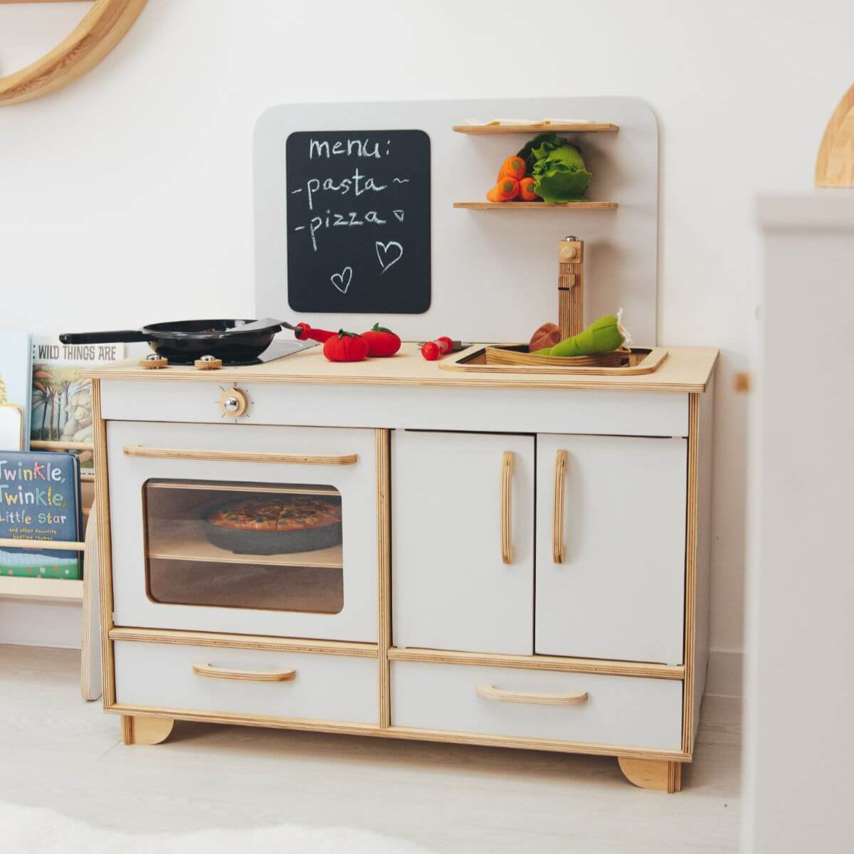 Natural Wooden Play Kitchen for Toddler Pretend Play