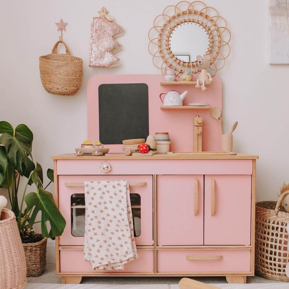 Natural Wooden Play Kitchen for Toddler Pretend Play