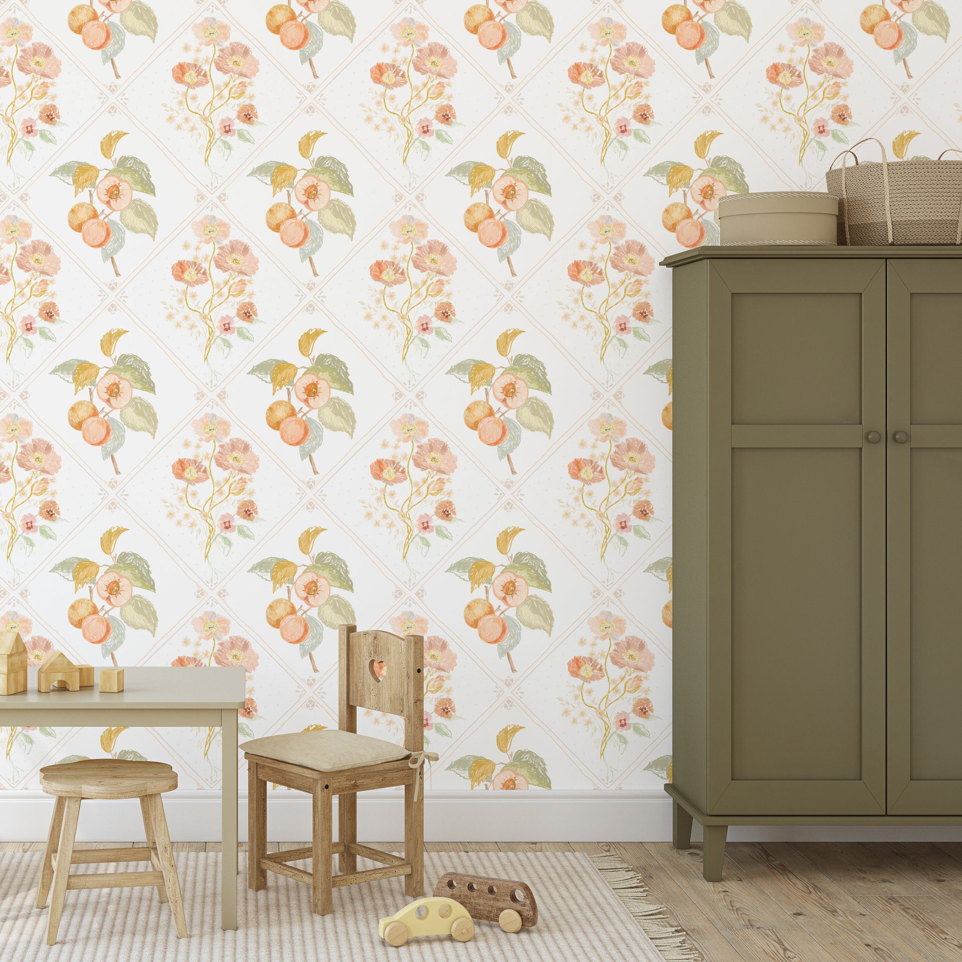 Ingrid Floral Removable Wallpaper in White, Peach and Sage-Green