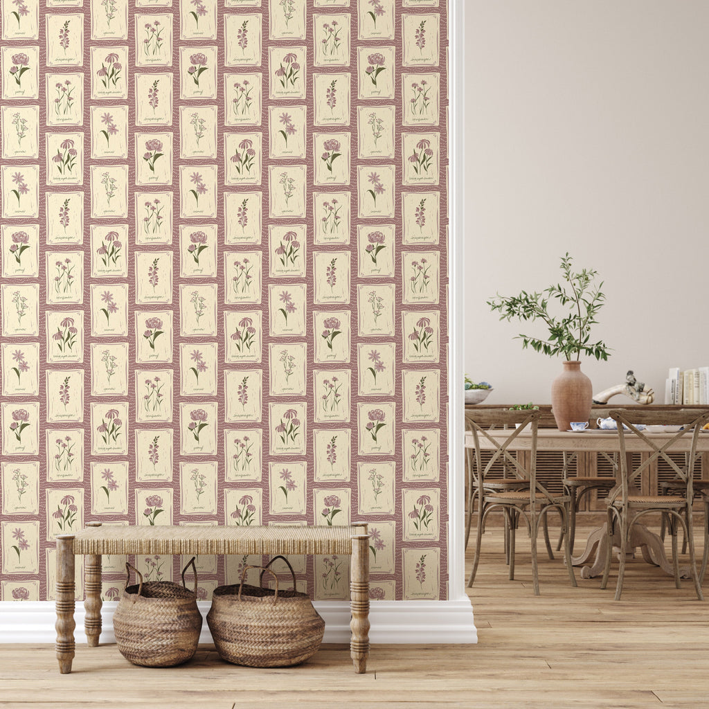 Susan Floral Wallpaper – Vintage Botanical Beige, Mauve & Green
