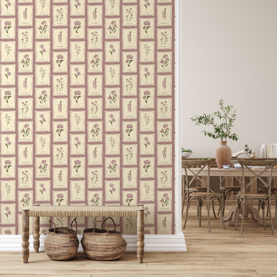 Susan Floral Wallpaper – Vintage Botanical Beige, Mauve & Green