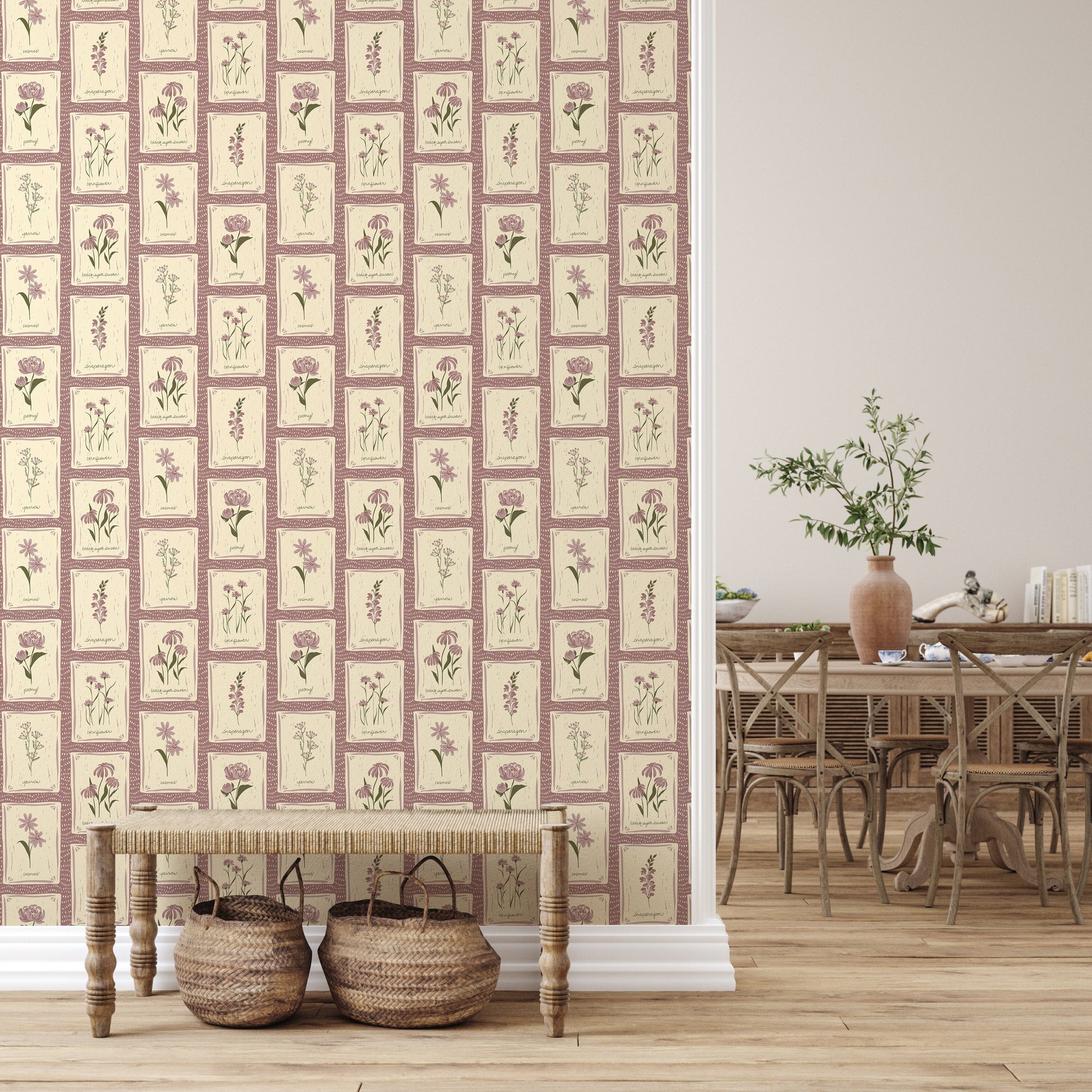 Susan Floral Wallpaper – Vintage Botanical Beige, Mauve & Green
