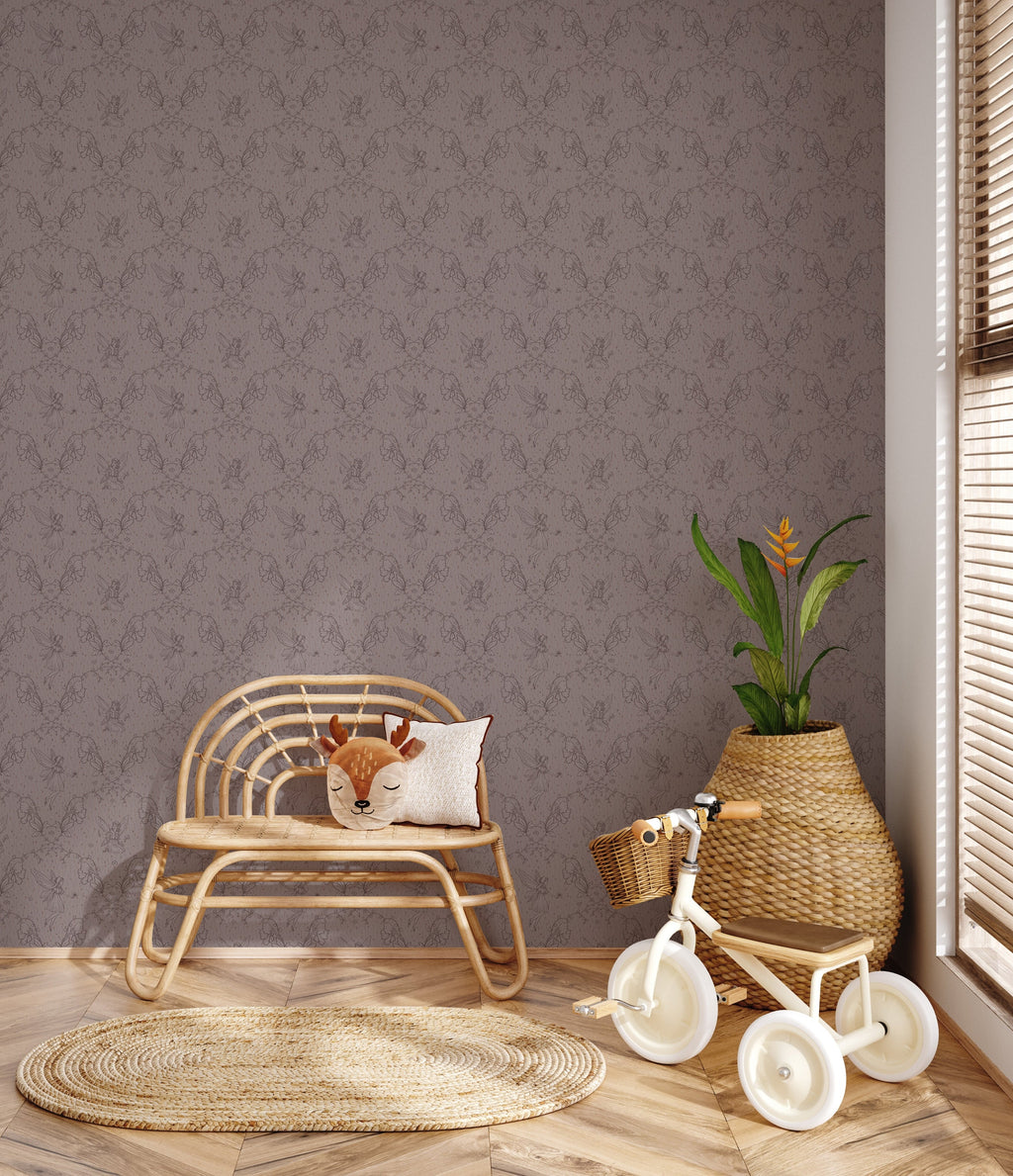 Petra Whimsical Wallpaper in Beige, Blue, Grey and Dusty-Rose