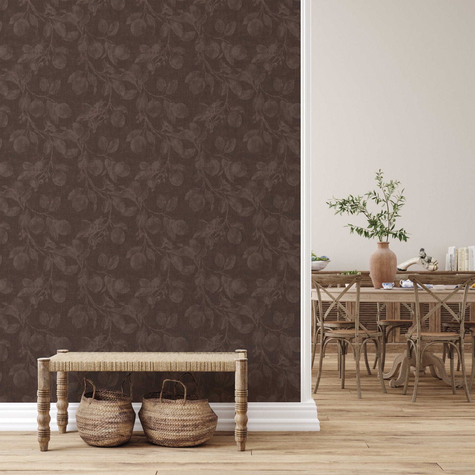 Monica's Orchard Botanical Floral Wallpaper in Dark Brown Espresso