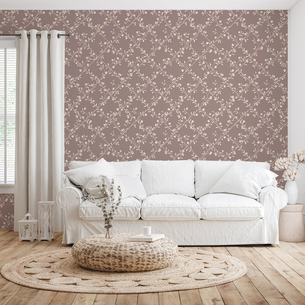 Vale Wallpaper pattern by The Feral Flower on a clean bedroom accent wall