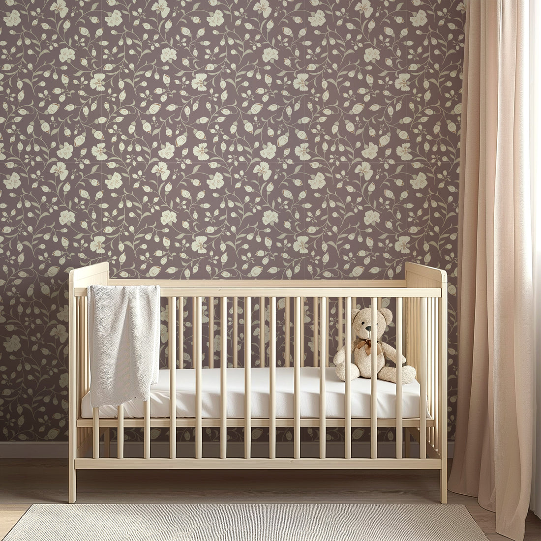 Avie floral pattern wallpaper in mauve, charcoal, and off-white.