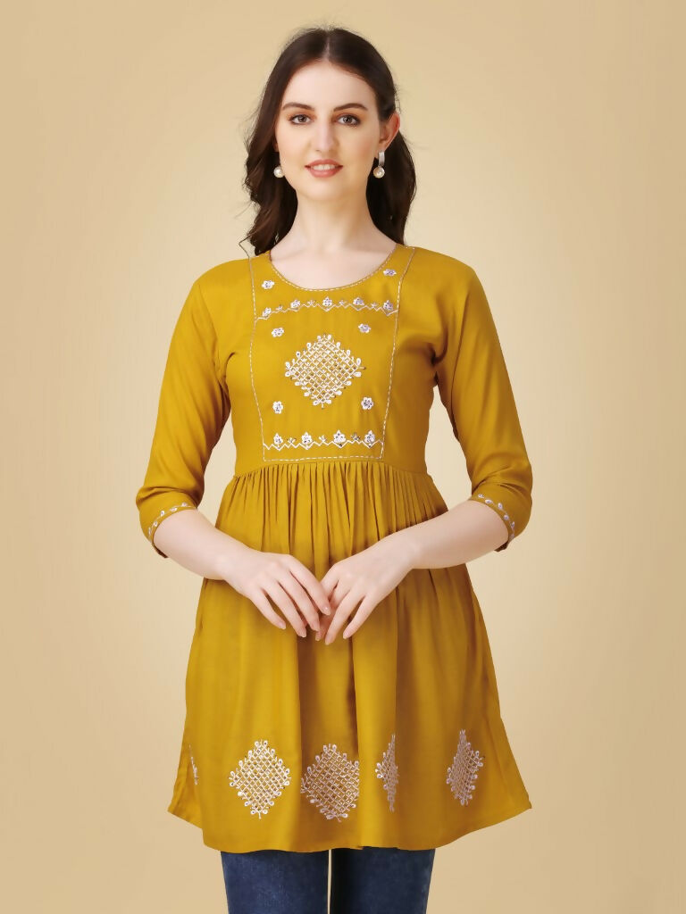 Women's Mustard Embroidered Casual Top with Sequence Work
