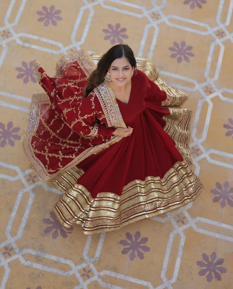 Maroon Faux Blooming Sequins Zari Embroidered Anarkali Dress