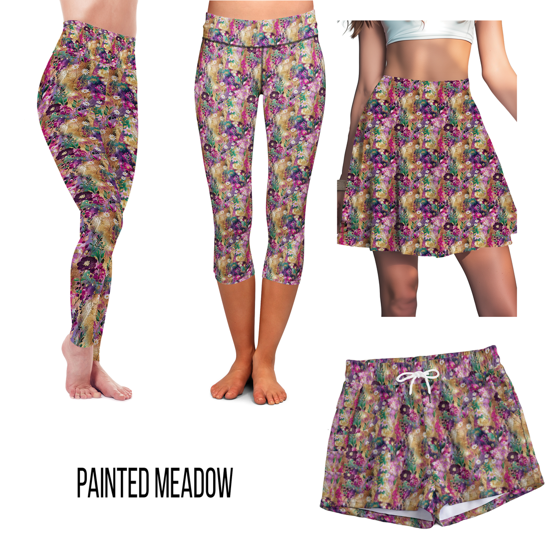 Painted Meadow botanical print leggings with side pockets in purple, pink, gold, and green