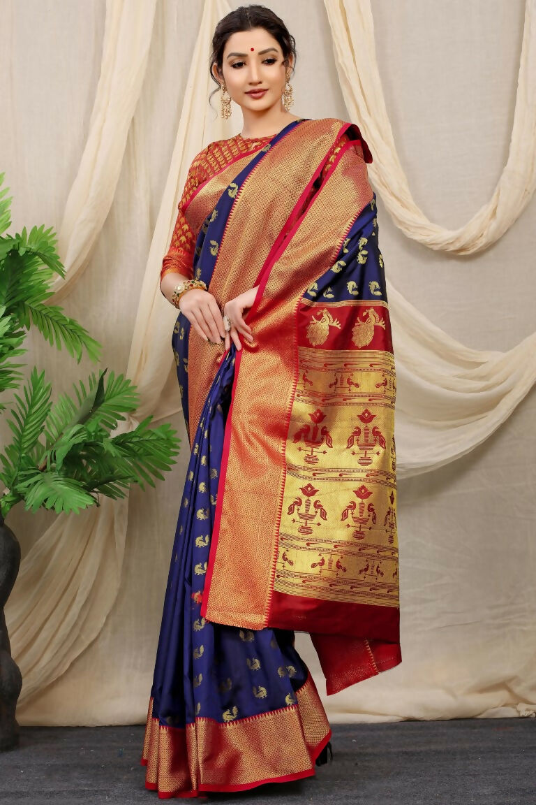 Navy Blue Banarasi Silk Saree with Zari Woven Border and Red Blouse