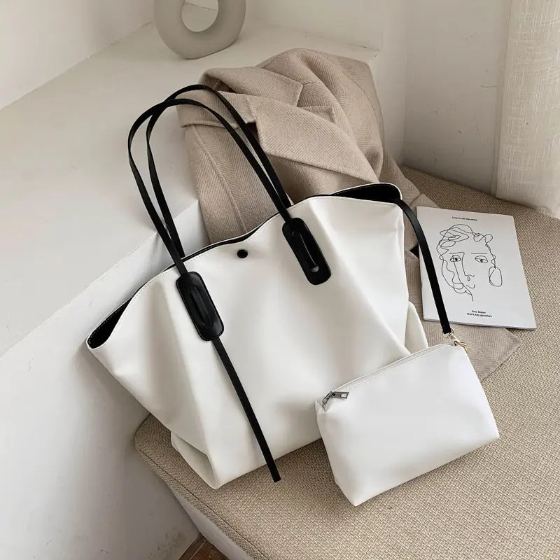 Women's Large PU Leather Shoulder Bag With Matching Pouch - Image 4