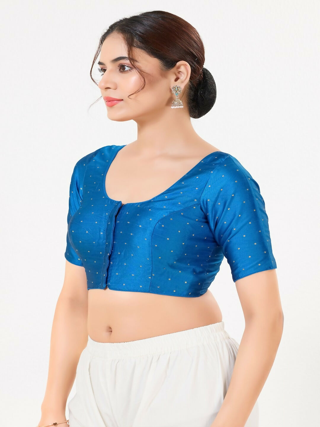 Cobalt-Blue Taffeta Silk Round Neck Front Open Blouse