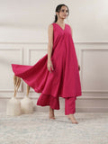 A vibrant fuchsia cotton A-line midi dress with sleeveless V-neck and matching pants