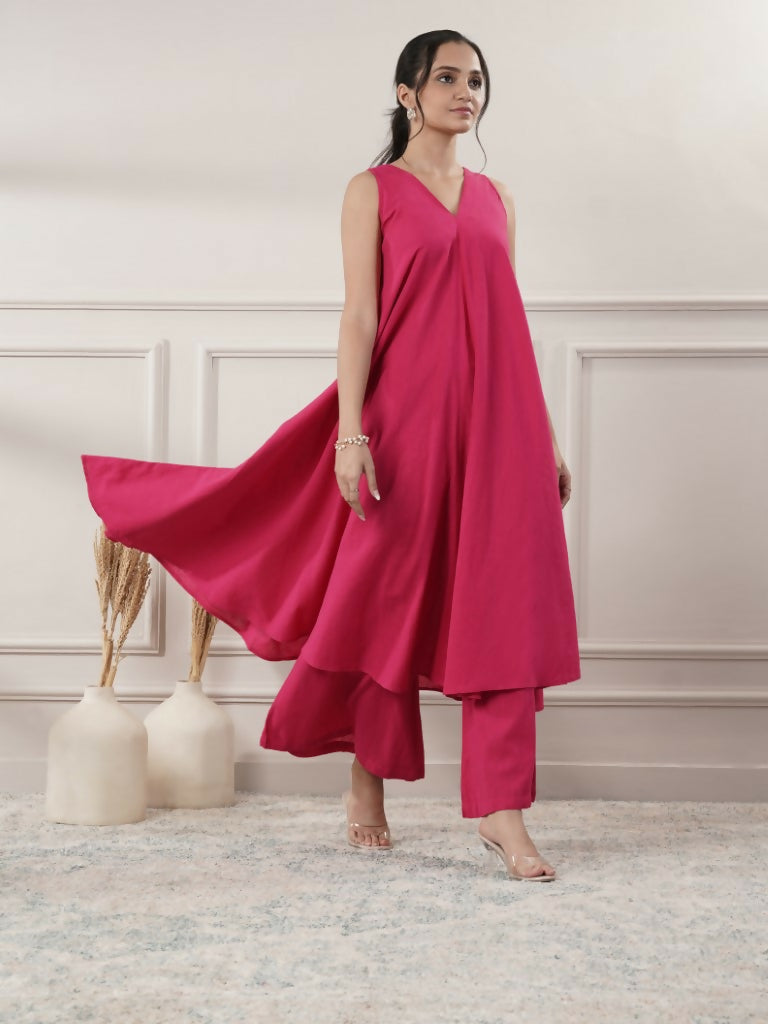 A vibrant fuchsia cotton A-line midi dress with sleeveless V-neck and matching pants