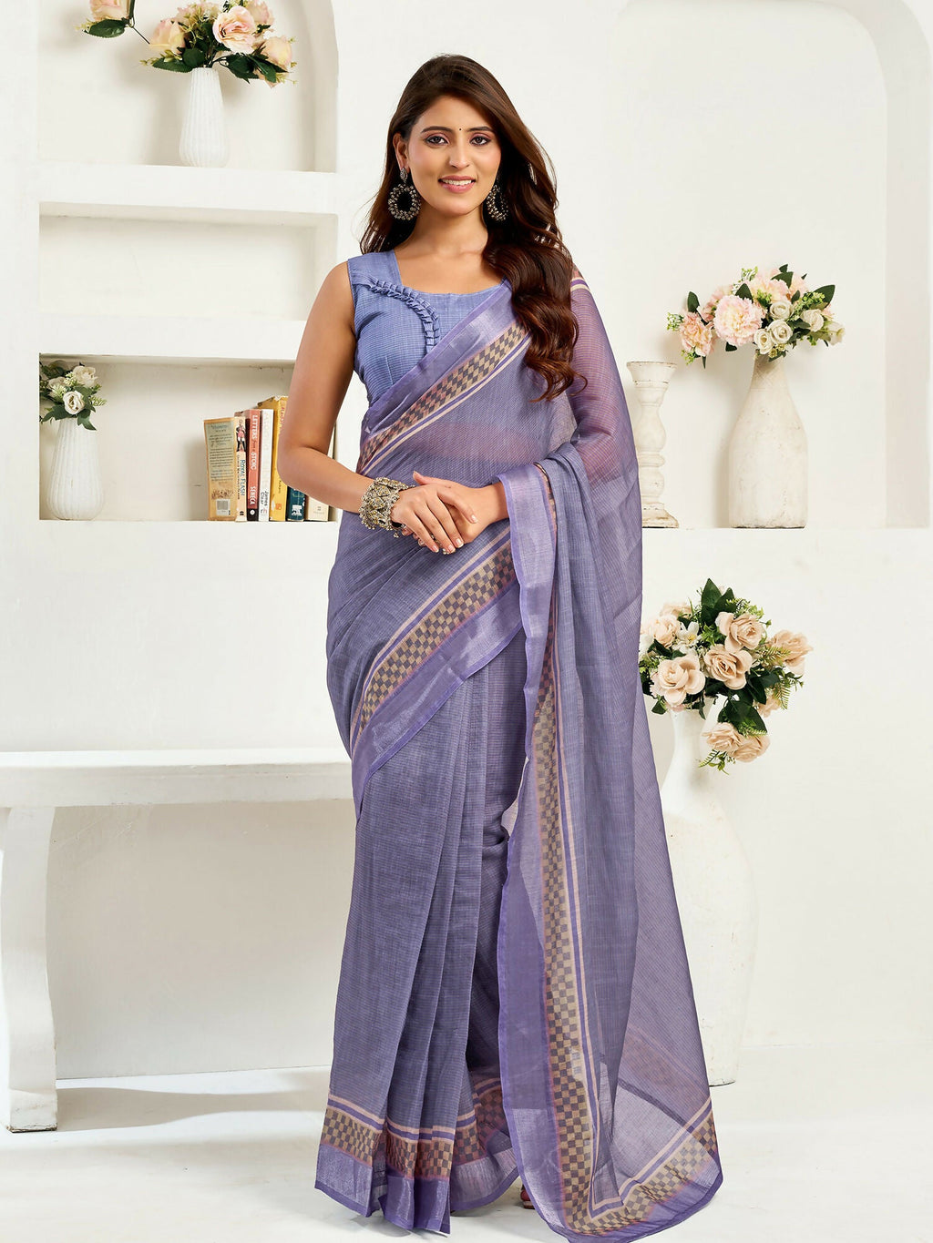 Lavender Striped Linen Ready-to-Wear Saree with Unstitched Blouse