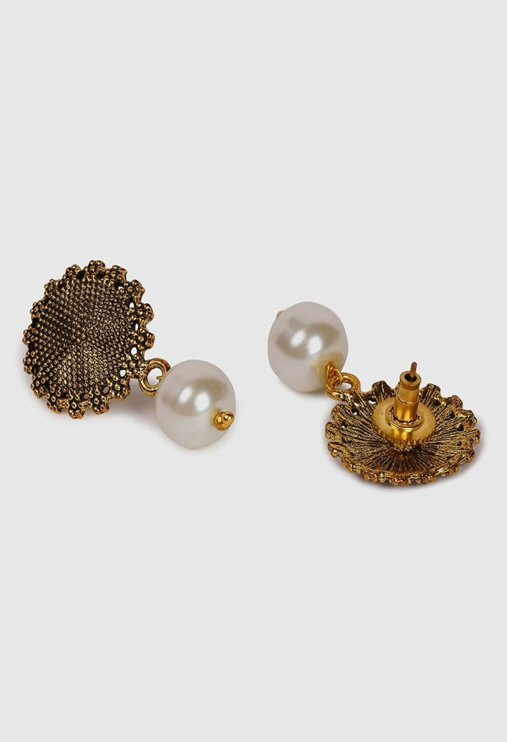 Oxidised Gold-Polished Long Necklace with Pearls for Women & Girls