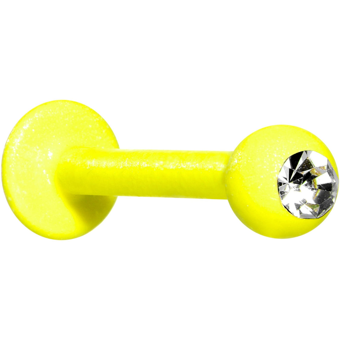 Bright yellow glow-in-the-dark labret monroe piercing stud with a sparkling clear gem, 16 gauge, 3/8 inch length.