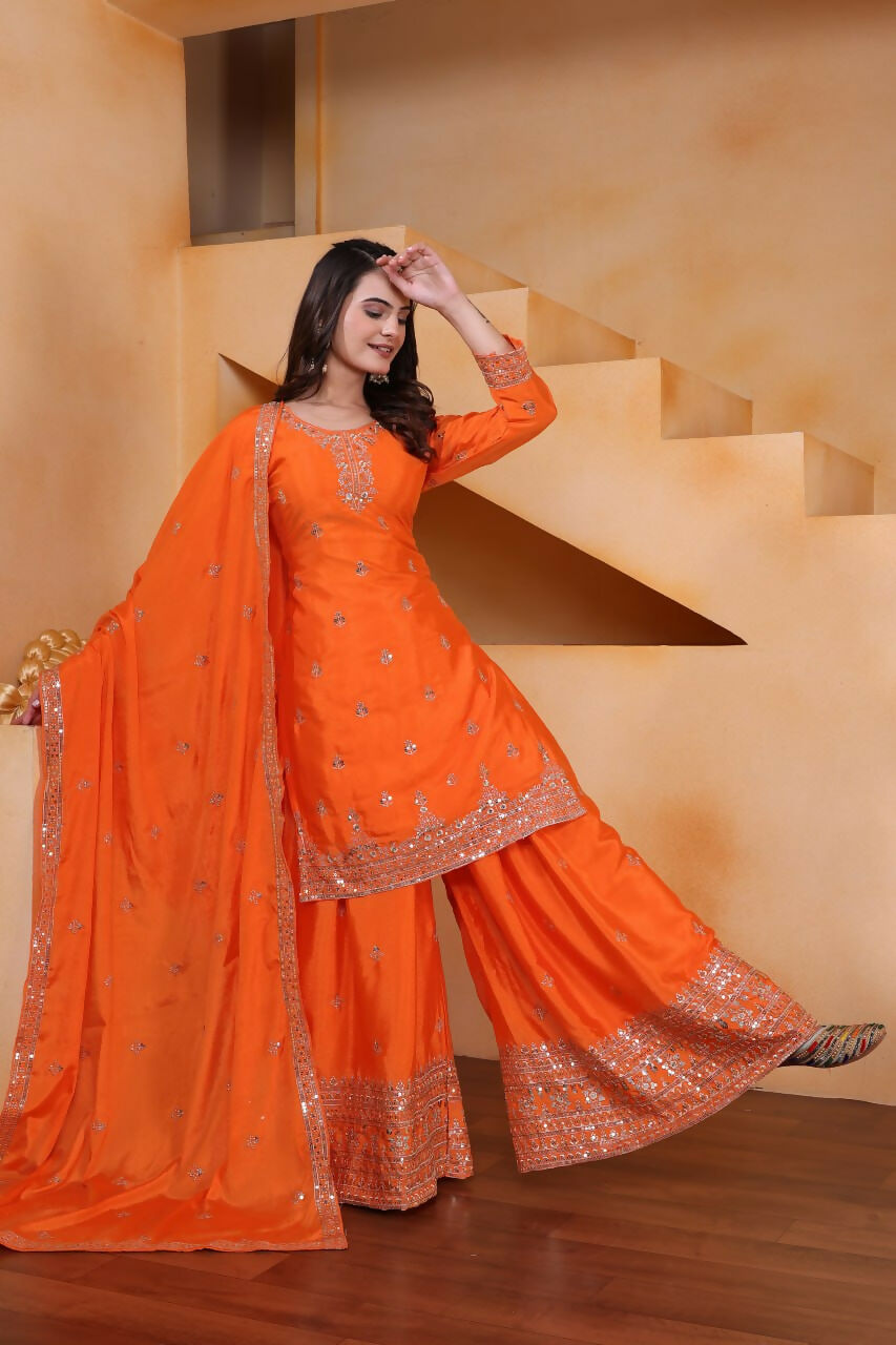 Orange Silk Embroidered Sharara Set for Wedding Guest Wear