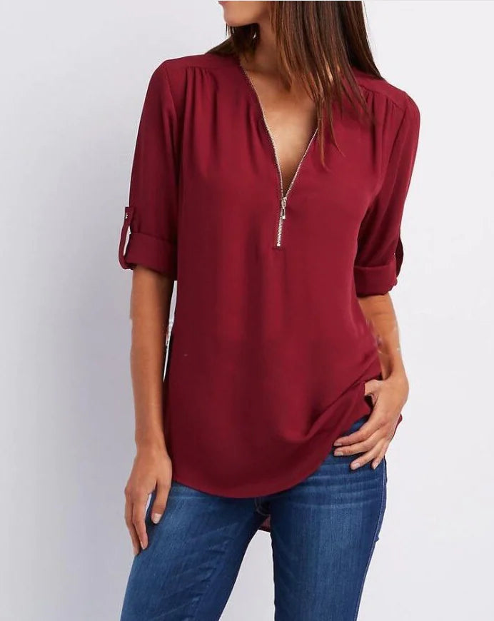 Women's Plus Size V-Neck Zip Chiffon Shirt