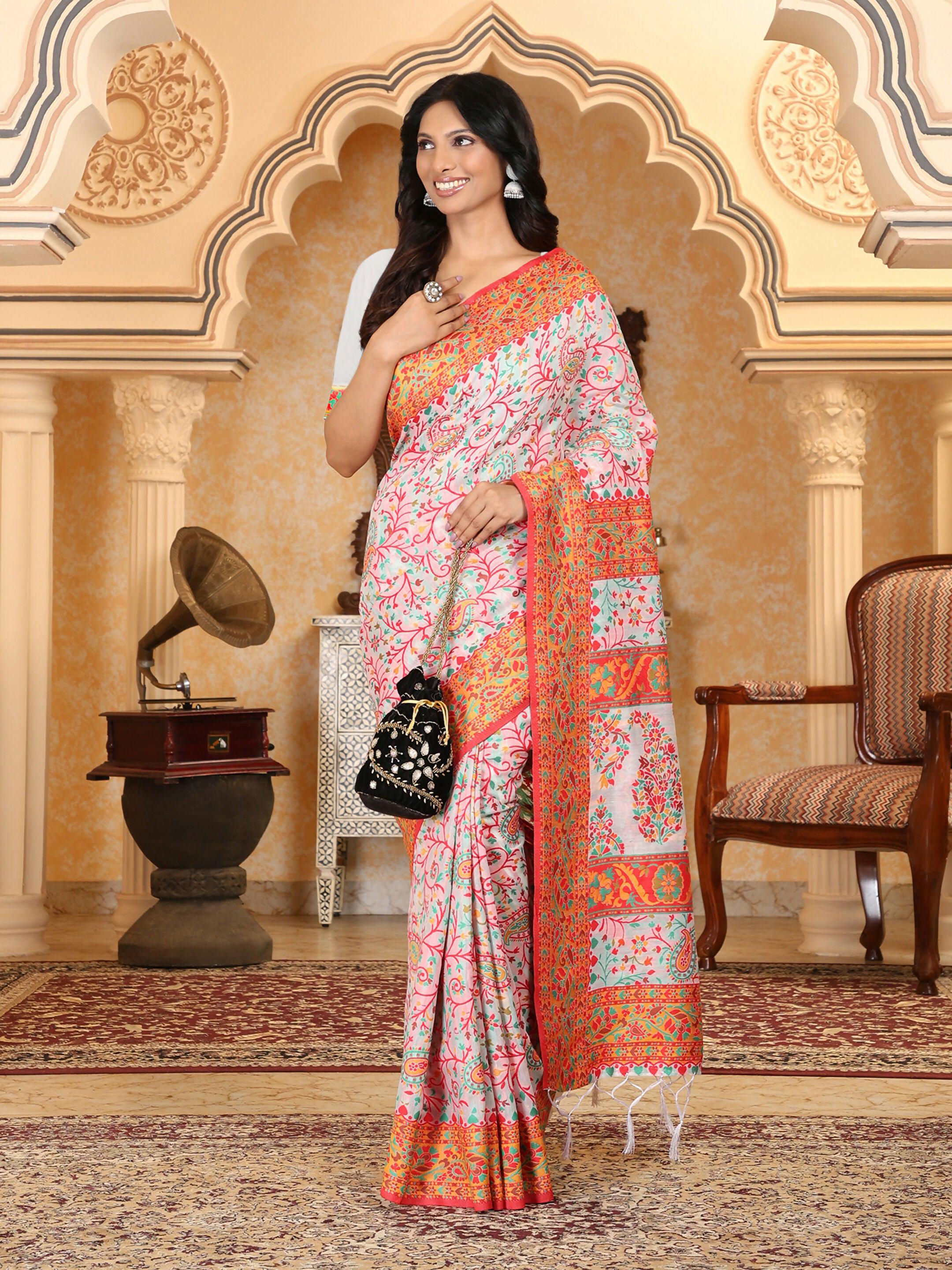 Multicolour Linen Cotton Woven Saree in White Orange and Teal