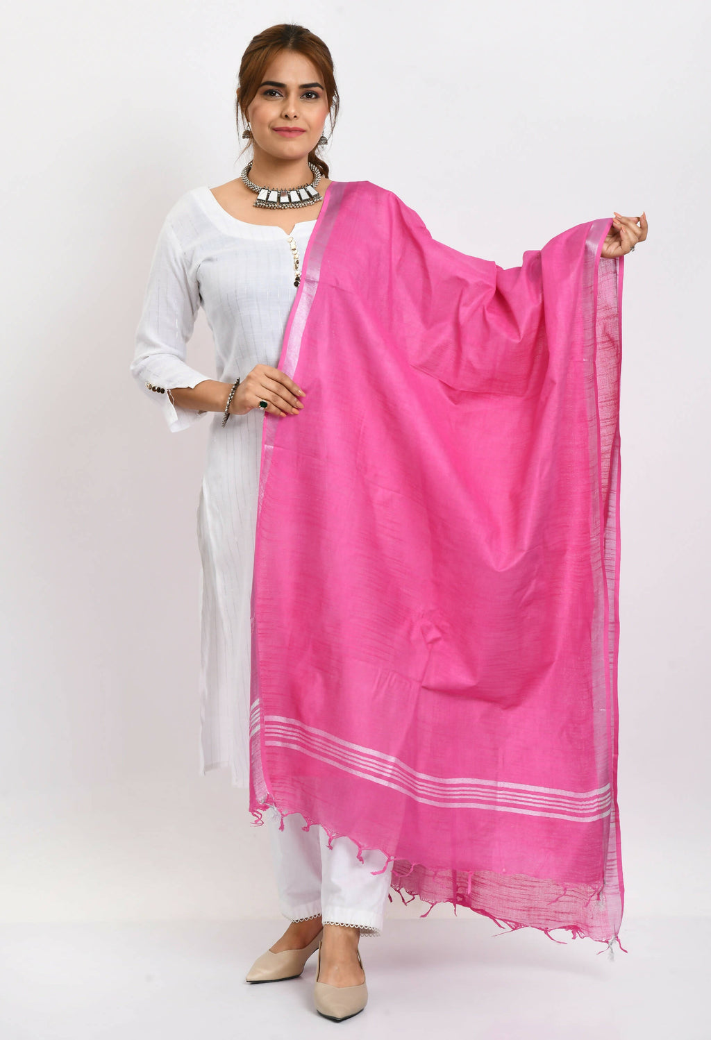 Dark pink linen cotton dupatta with decorative silver border