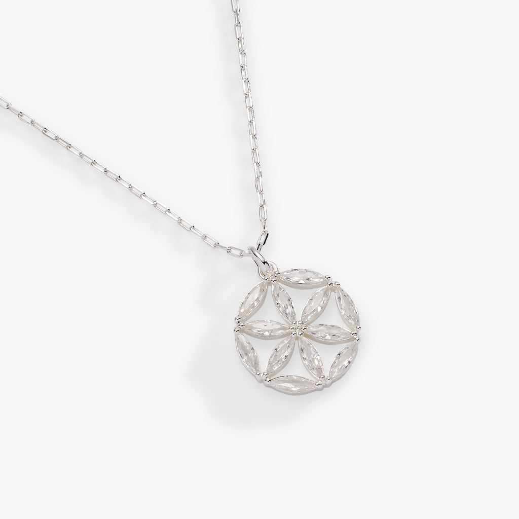 Faith and Family Rosette Pendant Necklace in Silver and Clear