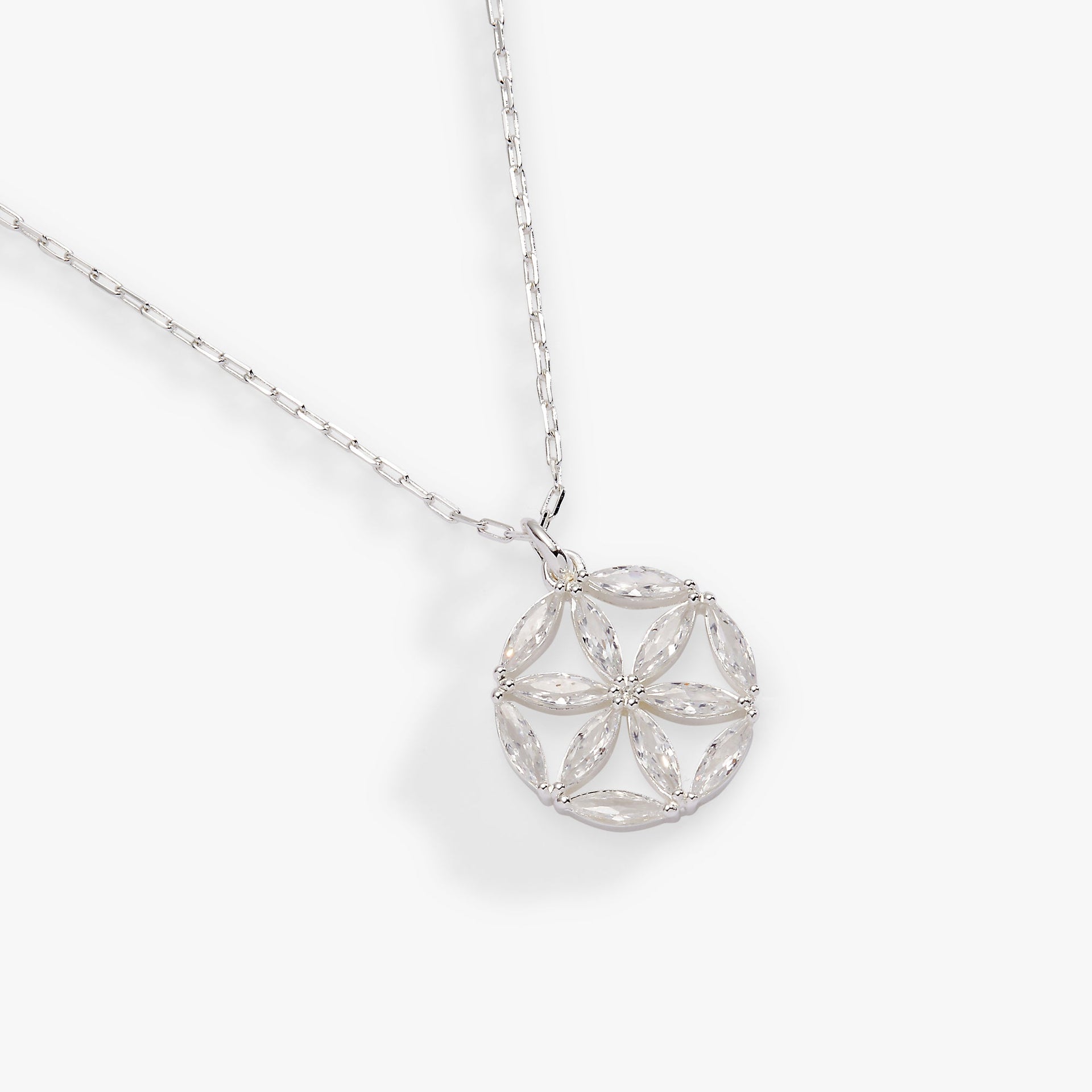 Faith and Family Rosette Pendant Necklace in Silver and Clear